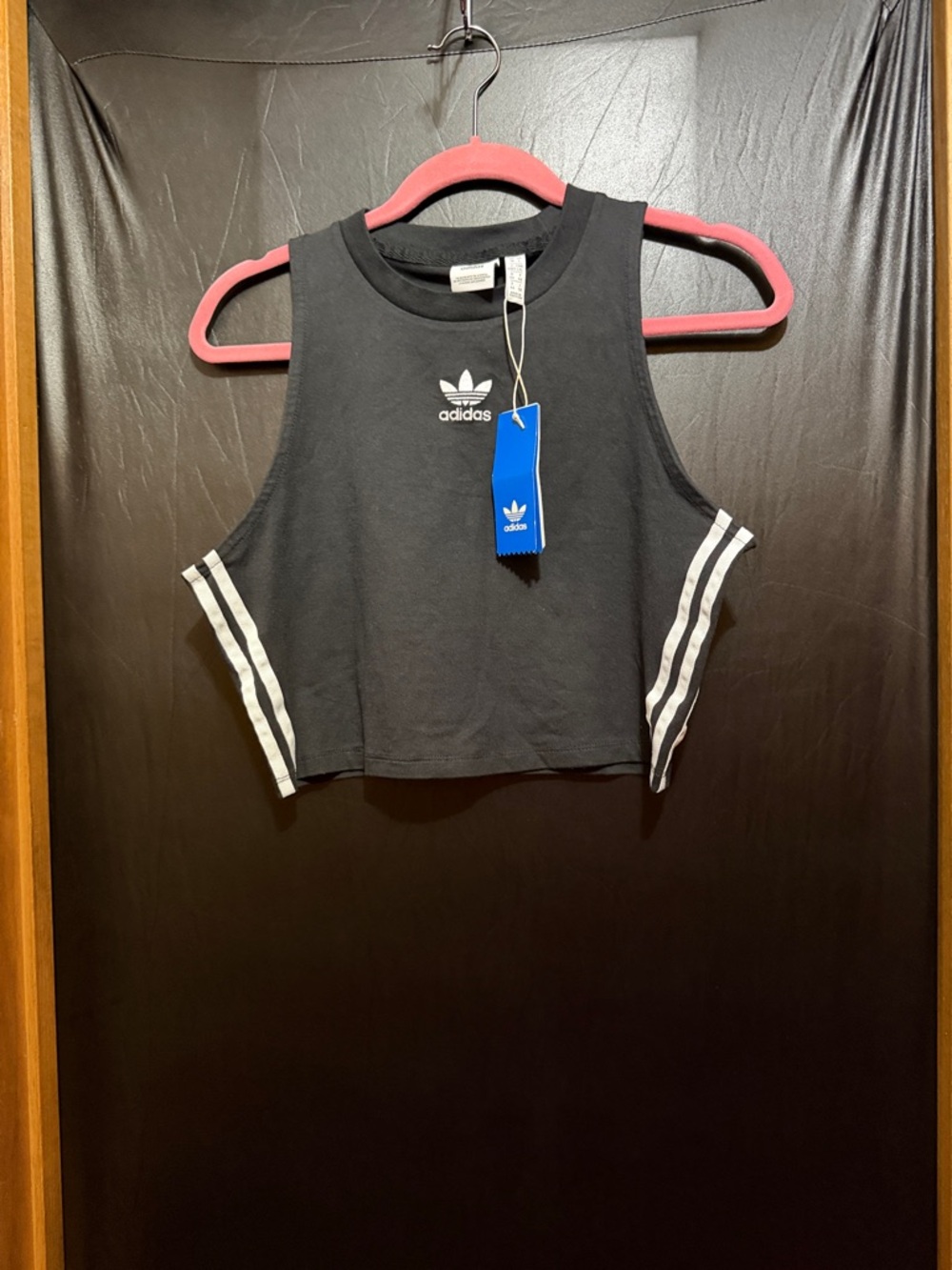 adidas Black Cropped fitted Tank with White Side Stripes NWT